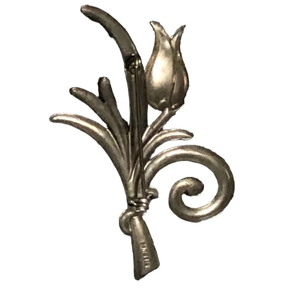 Sterling Silver Tulip Flower Ribbon Brooch Pin Signed Jewelry Art Deco